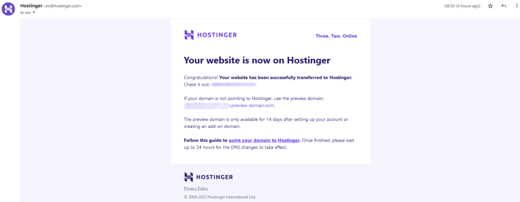 Hostinger Migration Successful Email