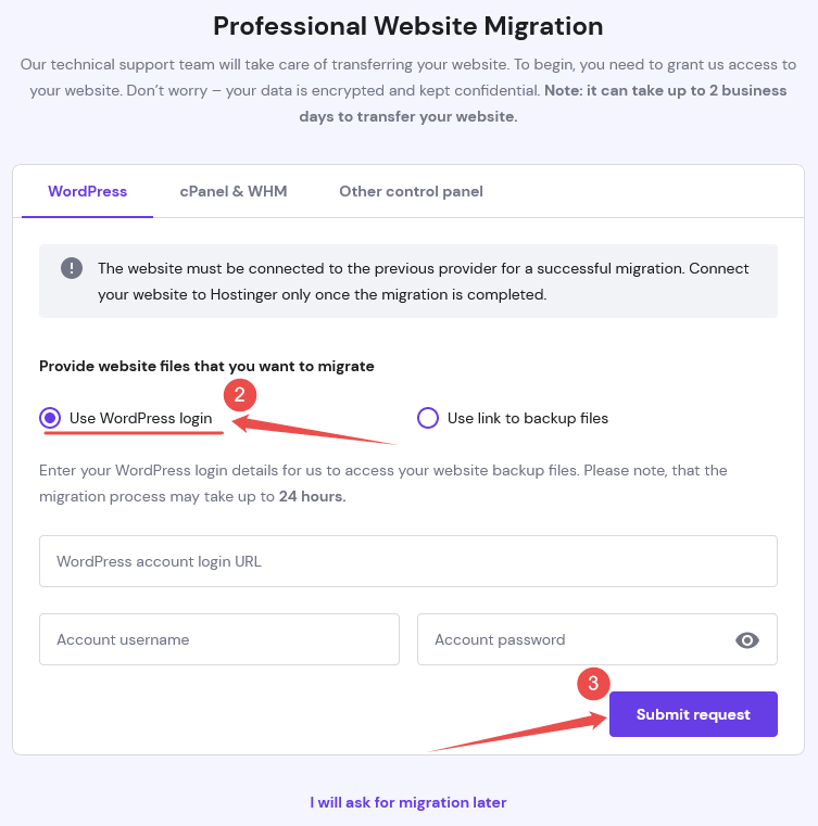 Hostinger Submit Migration Request