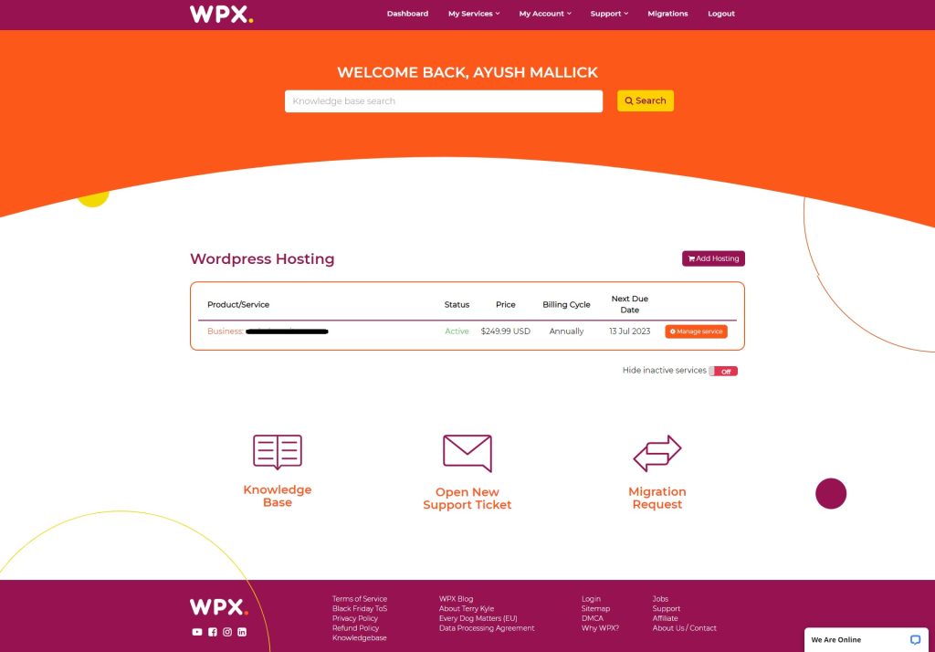 WPX Hosting Dashboard