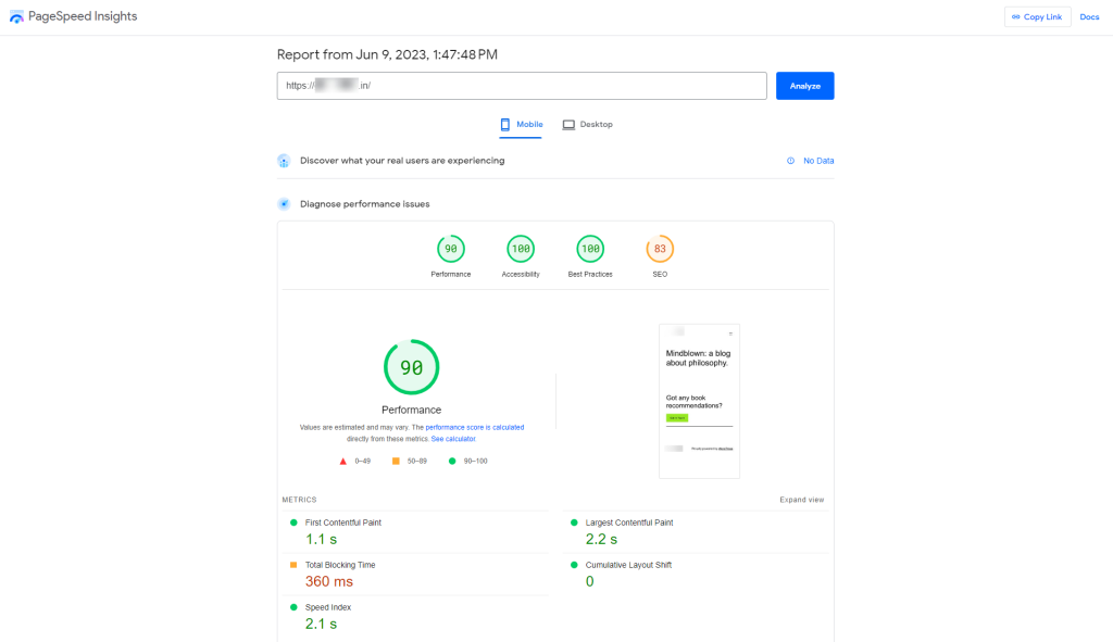 WPX Hosting Google PageSpeed Insights Speed Test